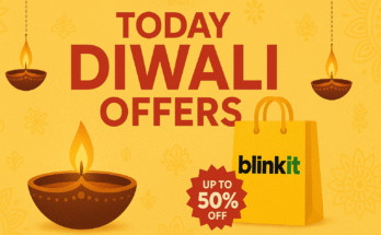 Blinkit Diwali 2025 Festival Offers — Festive shopping with sweets, diyas, and colorful decorations delivered by Blinkit.